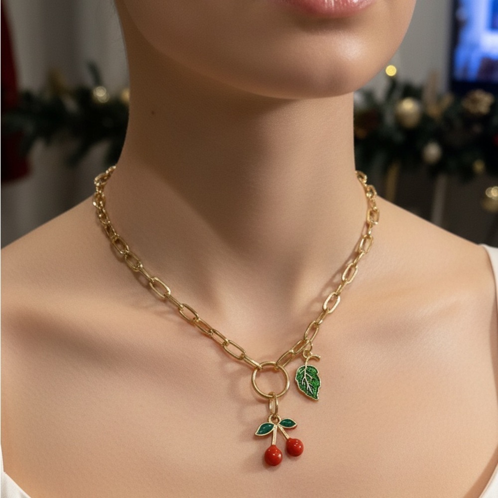 NWT Gold PAPER CLIP CHAIN Cherry Pendant Necklace 17in